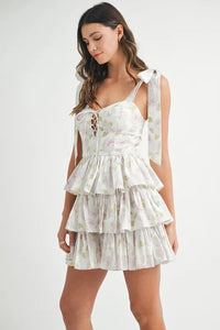 MABLE Floral Print Shoulder Tie Layered Mini Dress