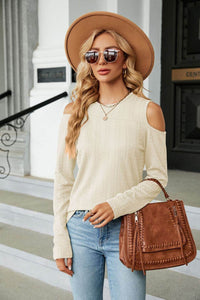 Trendsi Casual Cold-Shoulder Blouse with Long Sleeves and Round Neck - Solid Opaque Design - Store 42