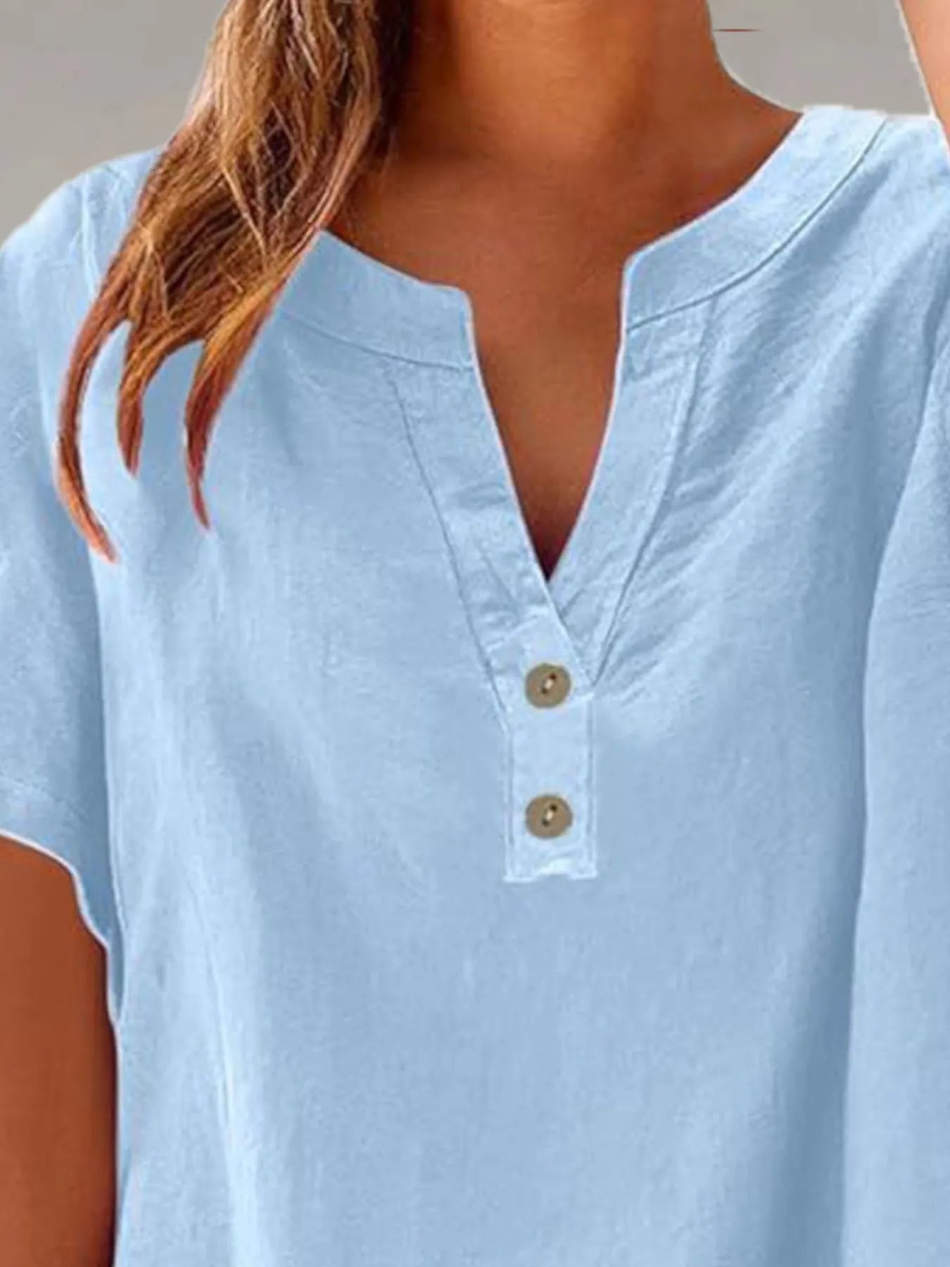 Plus Size Full Size Blouse with Notched Short Sleeves & Decorative Button - 100% Polyester