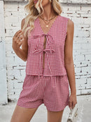 Lovelet Tied Plaid V-Neck Vest and Shorts Set Deep Red
