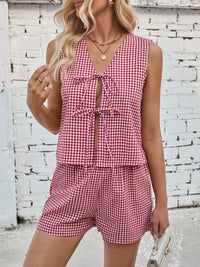 Lovelet Tied Plaid V-Neck Vest and Shorts Set Deep Red