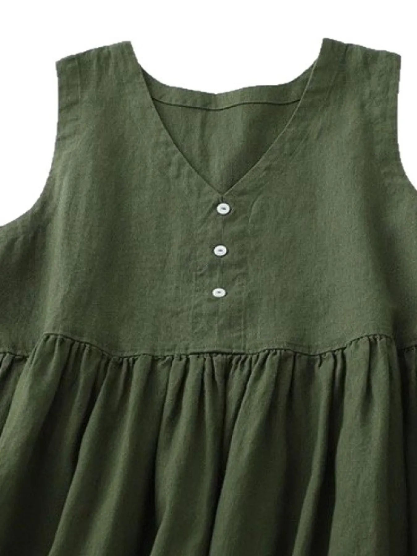 Stylish V-Neck Button Detail Sleeveless Midi Dress in 100% Cotton - Trendy Casual Wear