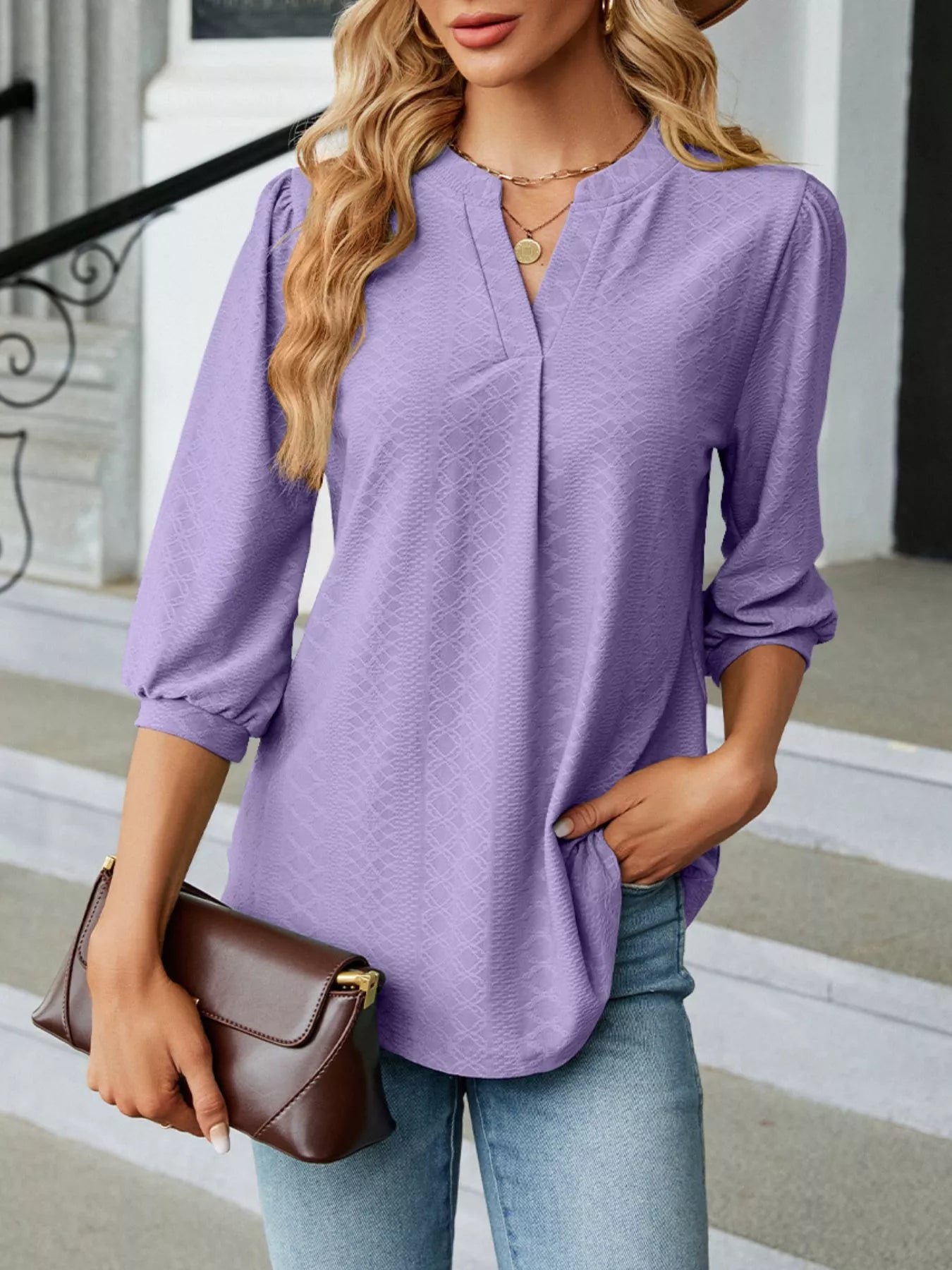 Notched 3/4 Sleeve Casual Top - Comfortable Rayon-Polyester Blend - Trendy Basic Style