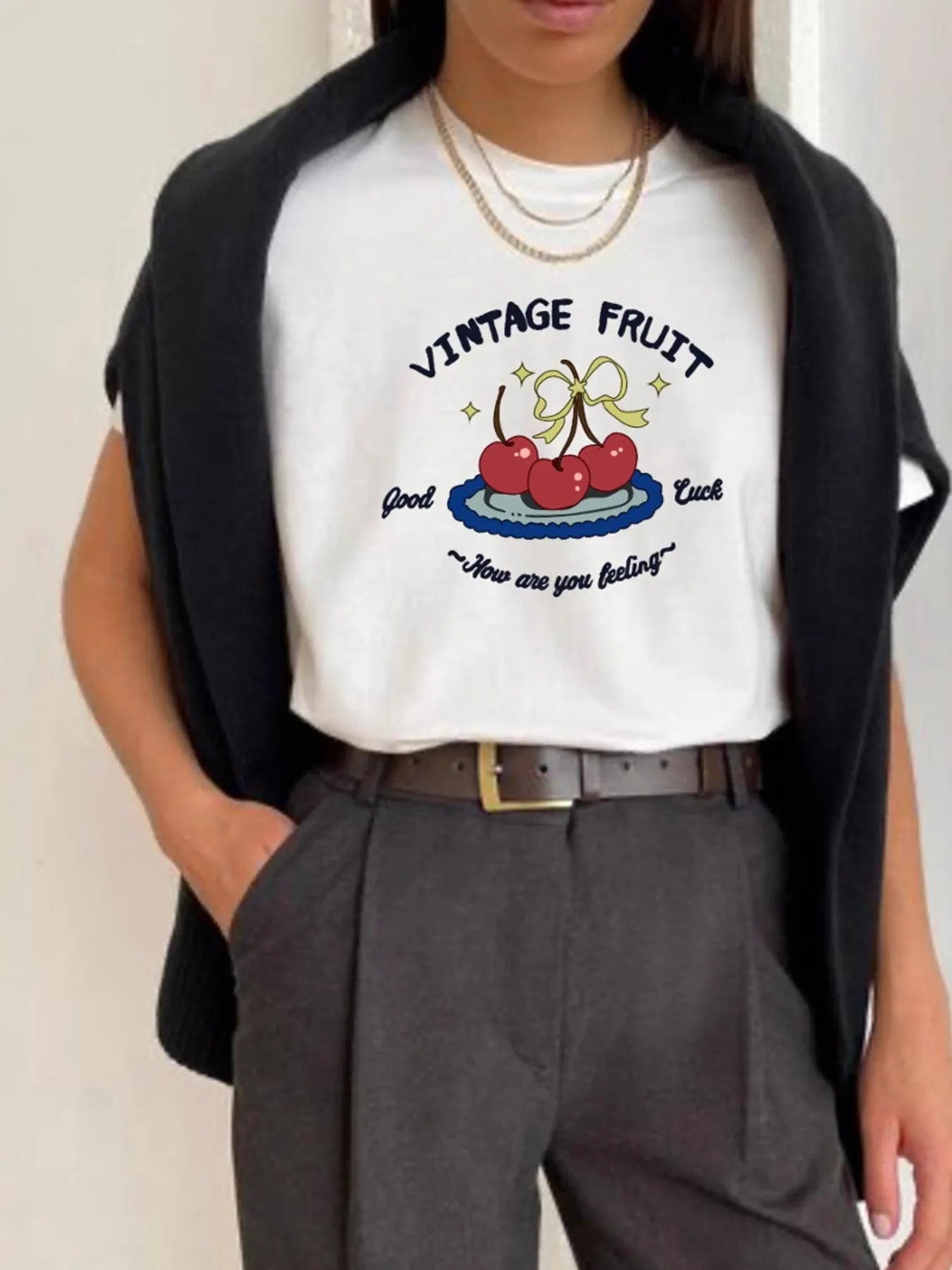Plus Size 100% Polyester Fruit Graphic Oversized Round Neck T-Shirt for Women
