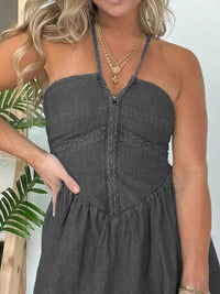 Full Size Lace Up Halter Neck Denim Dress Plus Size - Store 42