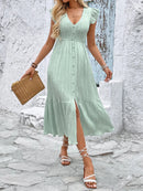 V-Neck Ruffled Cap Sleeve Dress