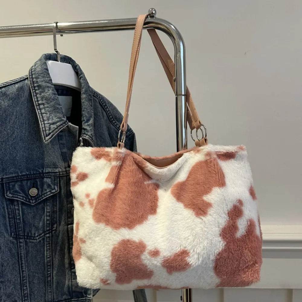 Large Cow Print Furry Tote Bag - Stylish Faux Fur, PU Leather, and Polyester Material - Store 42