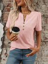 Stylish Eyelet Notched Top with Decorative Buttons - Short Sleeve & Slightly Stretchy, Opaque Fabric - Store 42