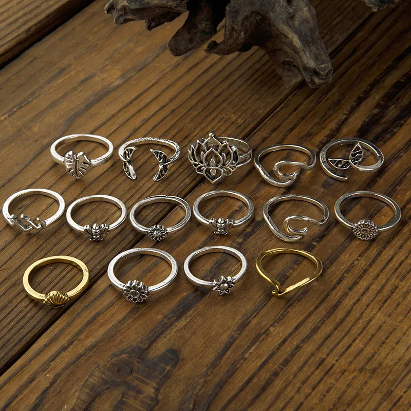 Stylish Alloy 15-Piece Multi-Shape Ring Set - Versatile and Unique Jewelry Collection