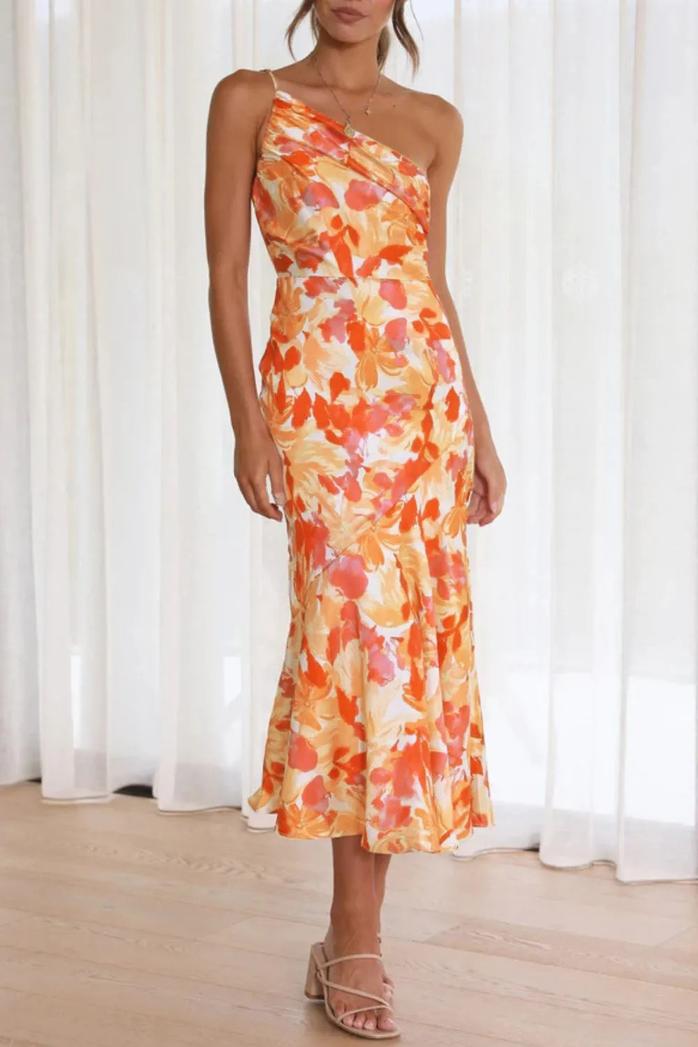 Stylish Ruched Printed Single Shoulder Midi Dress - Opaque 100% Polyester, No Stretch