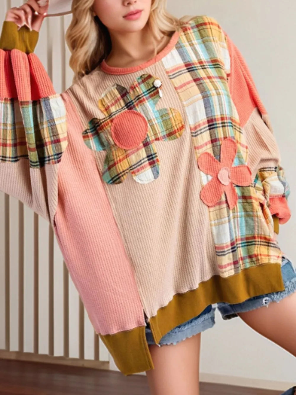 Trendy Slit Plaid Long Sleeve Sweatshirt - Round Neck, Opaque, Slightly Stretchy Fabric