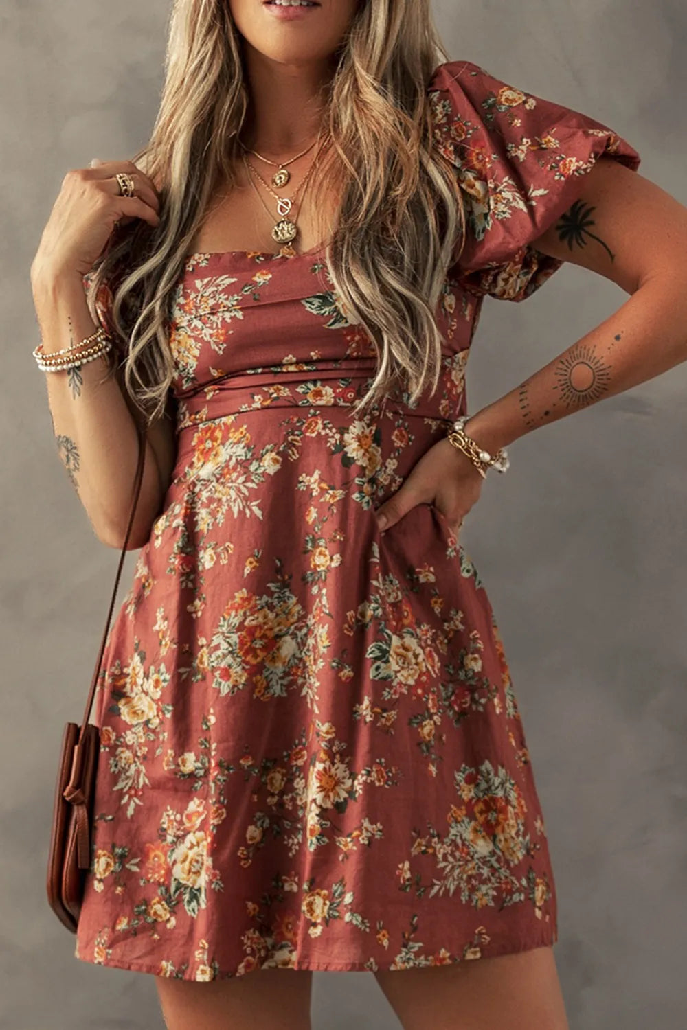Floral Puff Sleeve Square Neck Knot Open Back Mini Dress