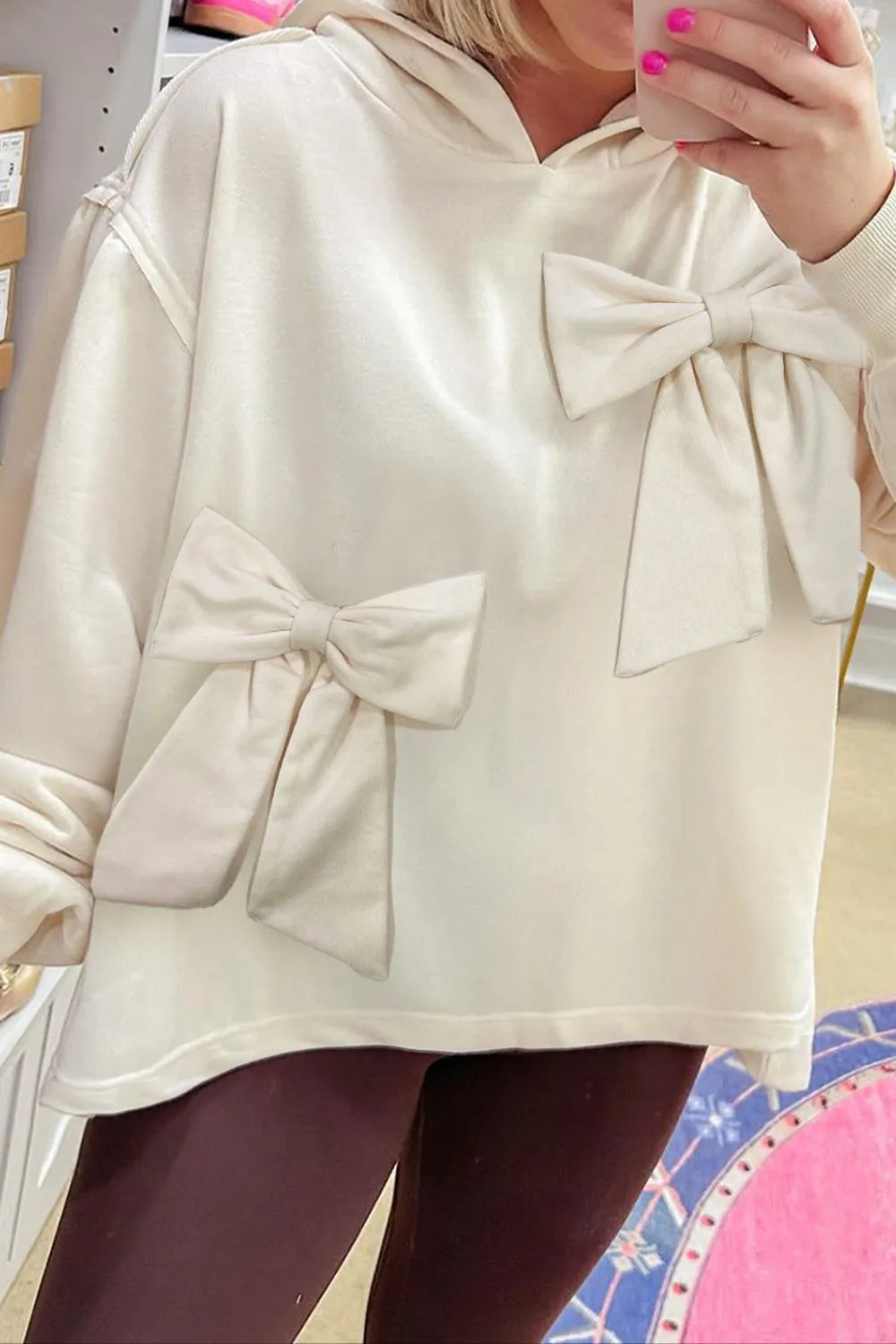 Stylish Bow Detail Oversized Hoodie With Dropped Shoulders - Soft Polyester Cotton Blend