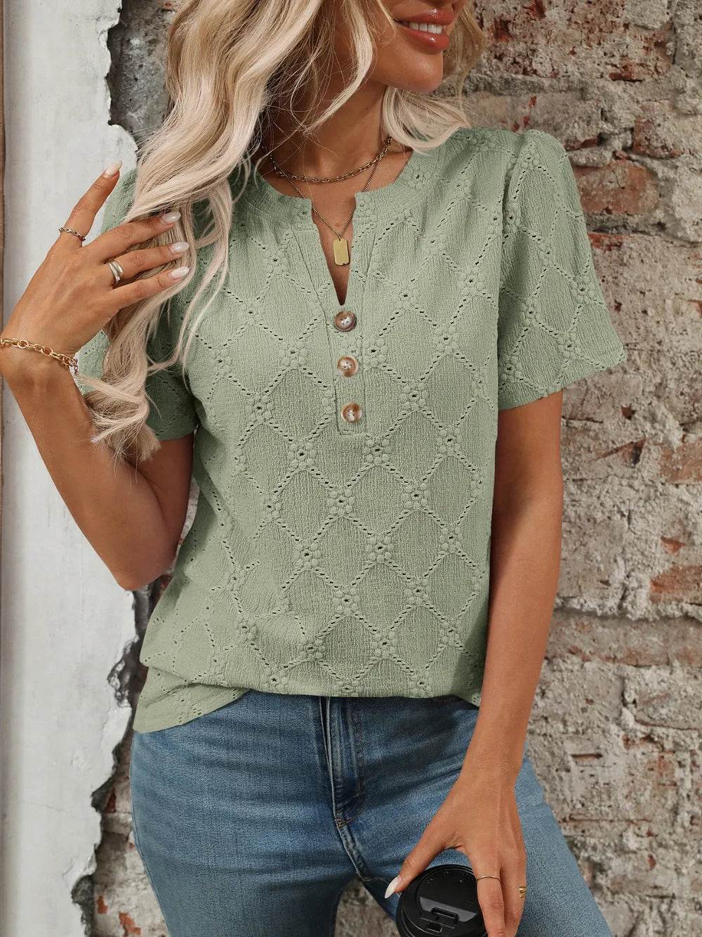Stylish Eyelet Notched Top with Decorative Buttons - Short Sleeve & Slightly Stretchy, Opaque Fabric