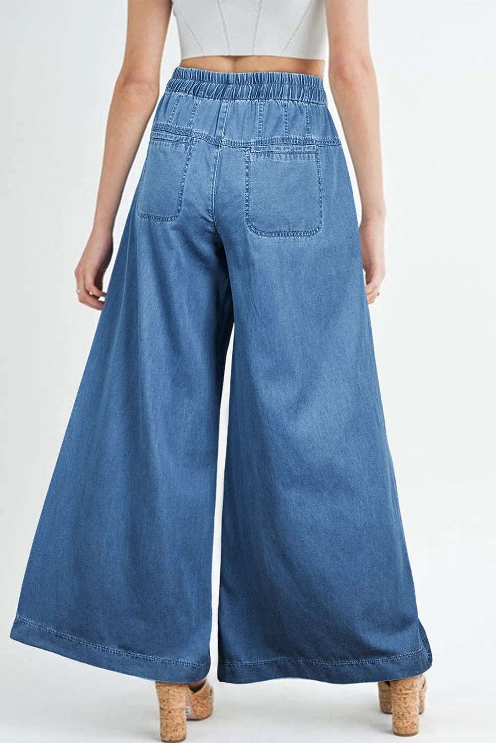 100% Cotton Drawstring Wide Leg Jeans with Elastic Waist - Stylish Comfort For Everyday Wear