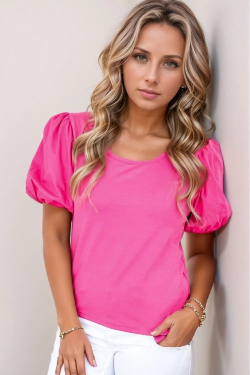 Trendy Casual Round Neck Bubble Sleeve T-Shirt - Soft Cotton Blend, Slightly Stretchy