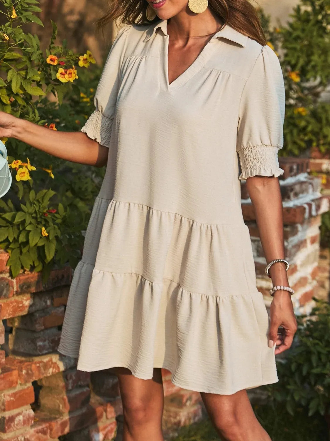 Johnny Collar Ruched Short Sleeve Mini Dress - 100% Polyester, Machine Washable, Chic Style