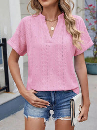 Trendy Eyelet Notched Short Sleeve Top in 65% Rayon - Stylish & Versatile Women's Wear - Store 42