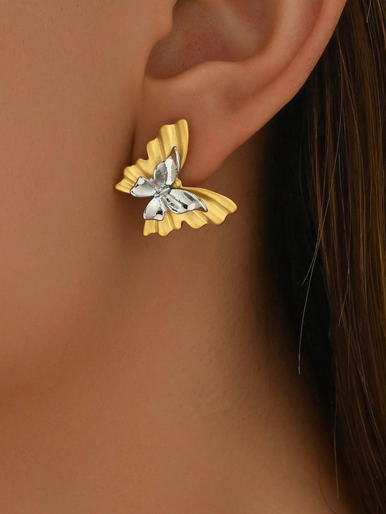 Elegant Two-Tone 18K Gold-Plated Stainless Steel Butterfly Earrings