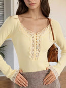 Lace Trim Ribbed Long Sleeve T-Shirt with Button Detail - Slightly Stretchy, Soft Fabric Flare - Store 42