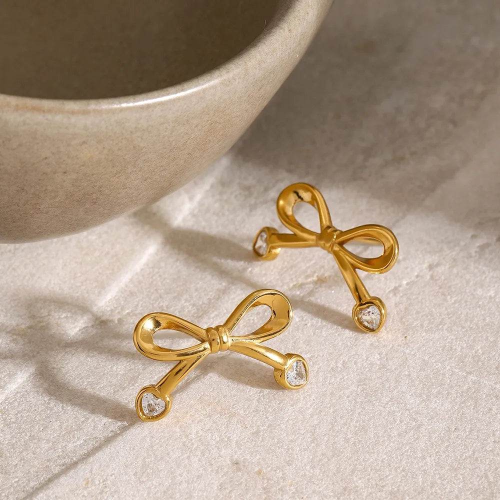 Elegant 18K Gold-Plated Stainless Steel Bow Earrings with Zircon Inlay - Lightweight Fashion Jewelry