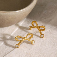 Elegant 18K Gold-Plated Stainless Steel Bow Earrings with Zircon Inlay - Lightweight Fashion Jewelry - Store 42