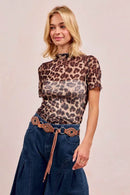 Fitted Leopard Print High Neck Mesh Top With Short Sleeves – Comfortable & Stylish - Store 42