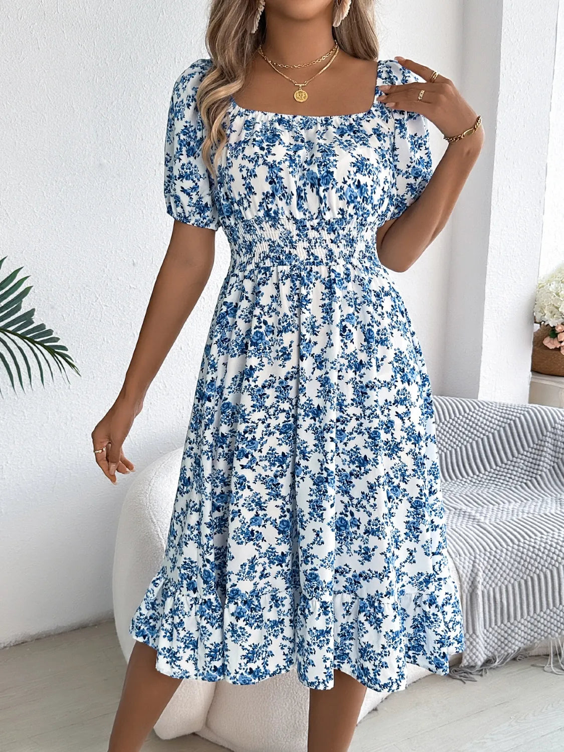 Ruffled Hem Floral Puff Sleeve Dress - Smocked, Opaque, 100% Polyester for Chic Style