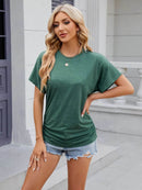 Slightly Stretchy Ruched Round Neck Short Sleeve T-Shirt for Women - Casual Basic Tops - Store 42