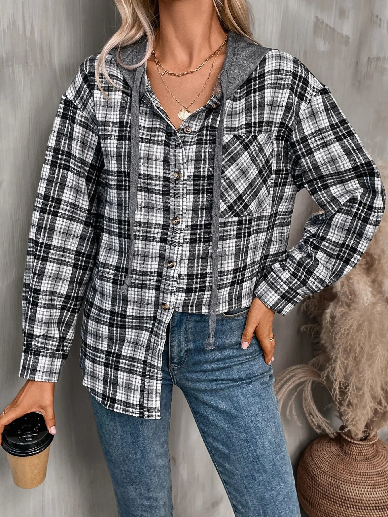 Plaid Button-Up Hooded Shirt