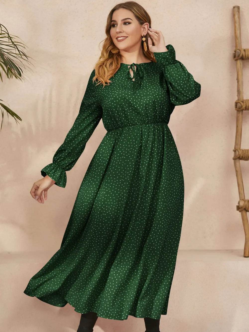 Honey Plus Size Ruffled Polka Dot Long Sleeve Midi Dress - Store 42