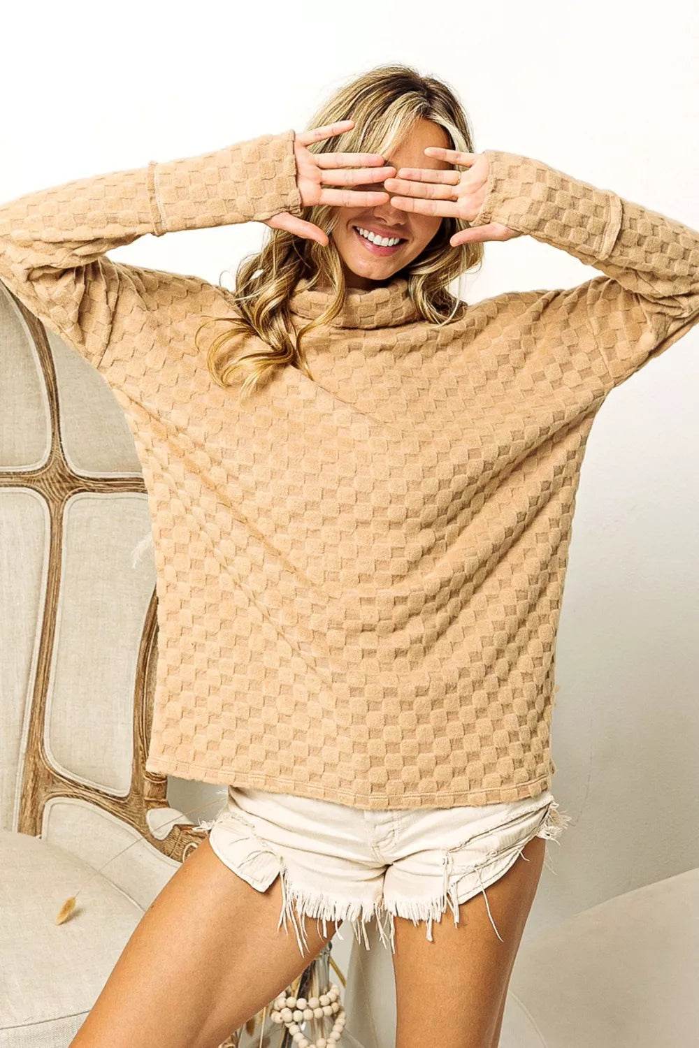BiBi Checkered Round Neck Thumbhole Long Sleeve Top - Store 42