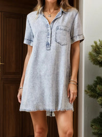 Pocketed Collared Neck Short Sleeve Denim Dress Light