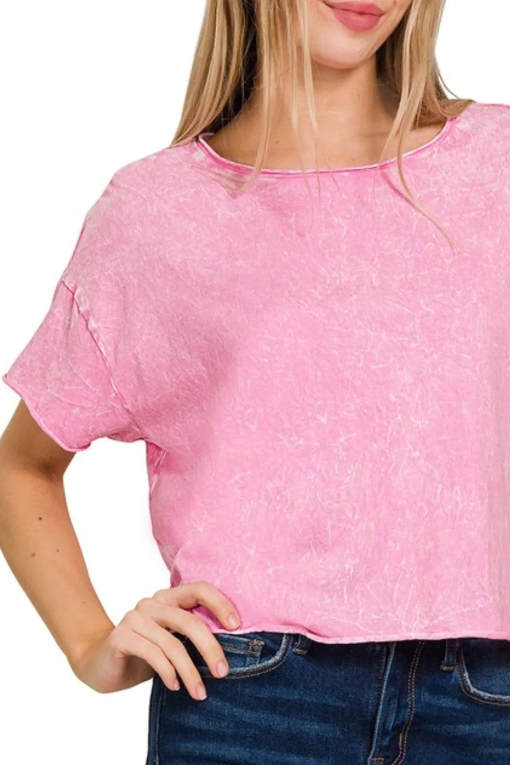 Trendy Pink Acid Wash Oversized Crop Box Tee - Soft Cotton Blend, Relaxed Fit, Rolled Sleeves