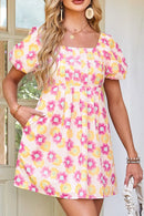 Floral Square Neck Puff Sleeve Pleated Flared Midi Dress