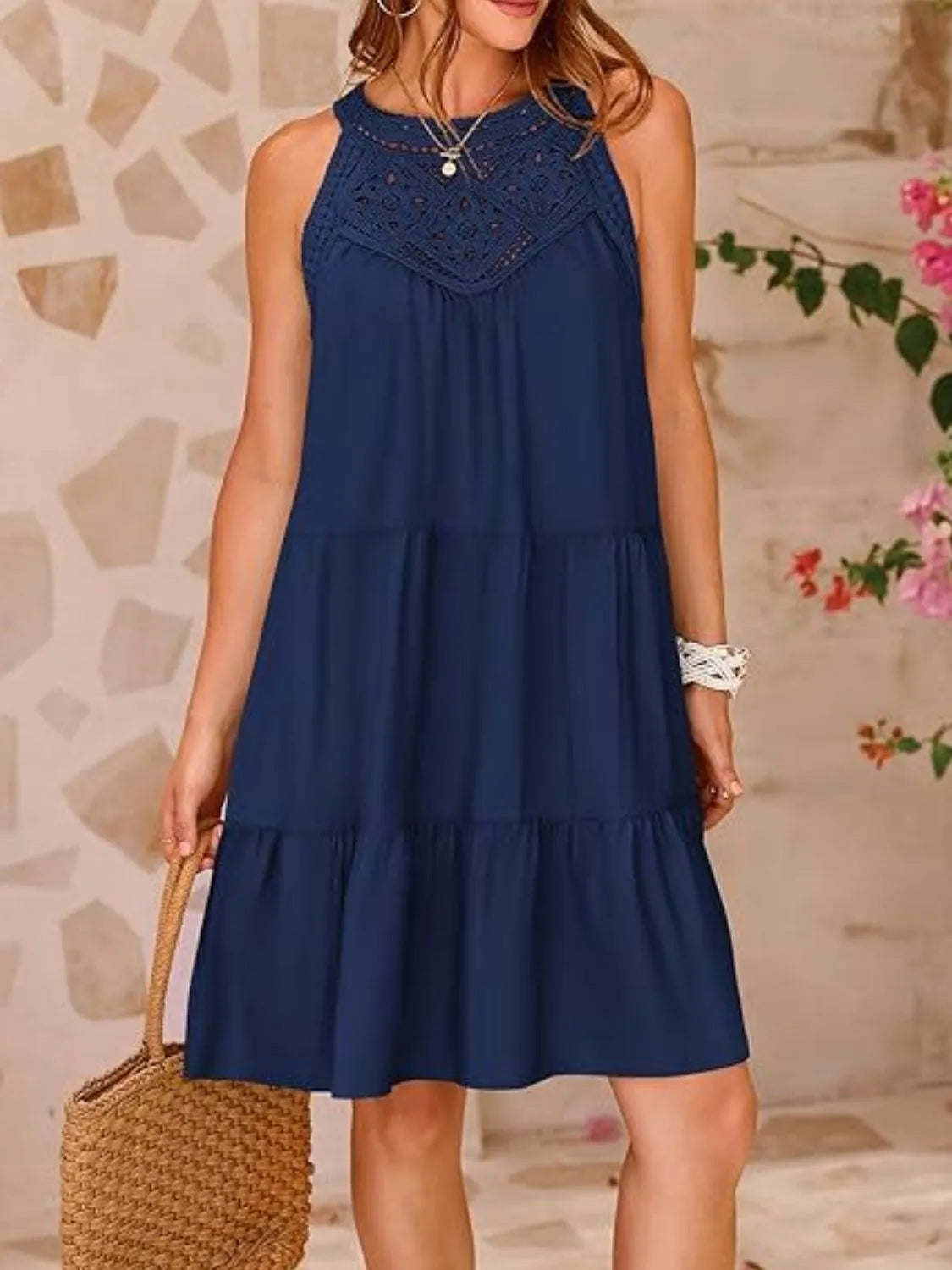 Ruffled Hem Lace Sleeveless Dress Dark Blue