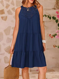Ruffled Hem Lace Sleeveless Dress Dark Blue