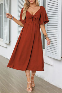 Smocked Tie Front Flutter Sleeve Midi Dress Rust