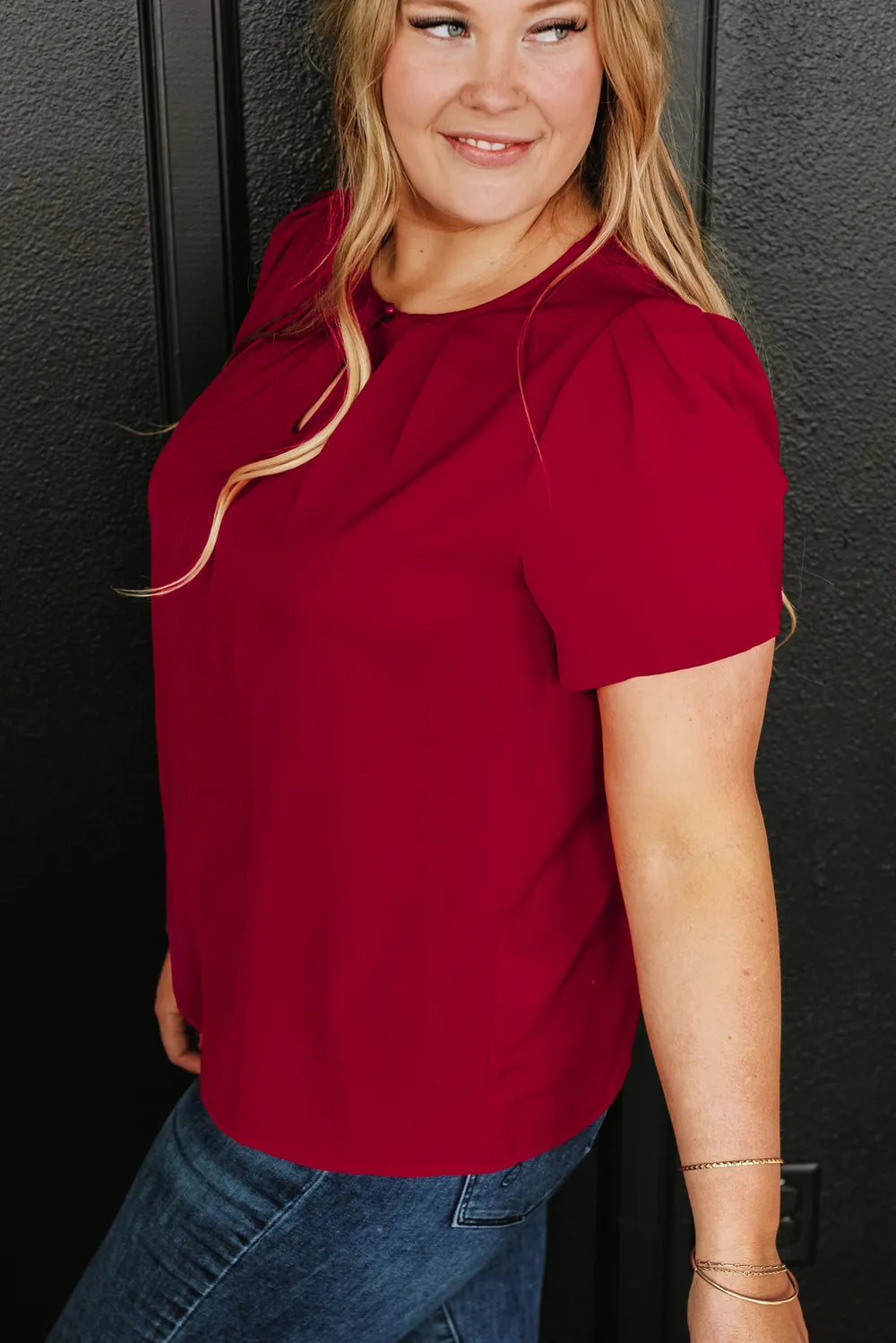 Plus Size Opaque Round Neck Short Sleeve Blouse - 100% Polyester, Machine Washable