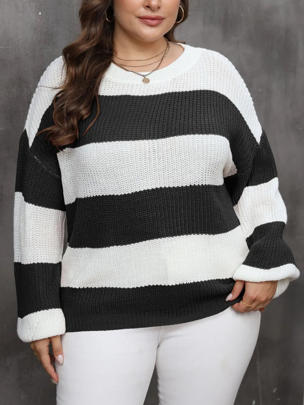 Plus Size Striped Long Sleeve Sweater with Round Neck - 100% Acrylic, Moderate Stretch, Machine Washable