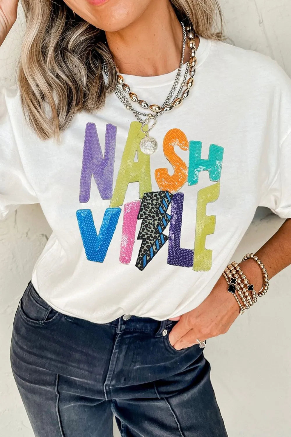 Lightening Nashville Sequin T-Shirt with Round Neck - Stylish & Slightly Stretchy Fabric