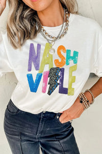 Lightening NASHVILLE Sequin Round Neck T-Shirt White
