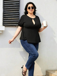 Trendy Plus Size Cutout Short Sleeve Blouse in Opaque Stretch Fabric for Comfort - Store 42