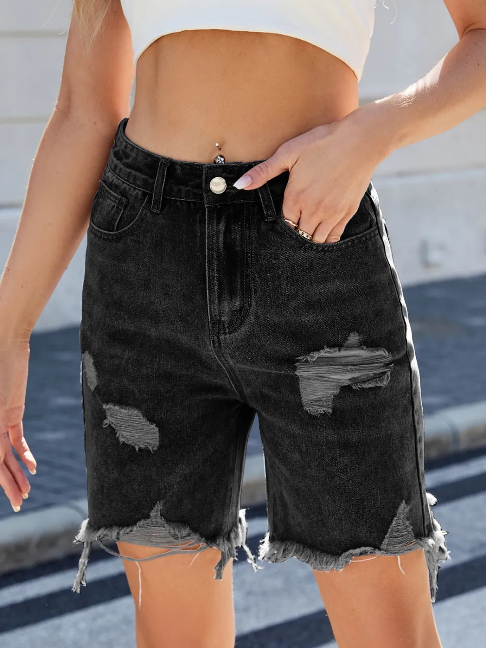Distressed Raw Hem Denim Shorts Black