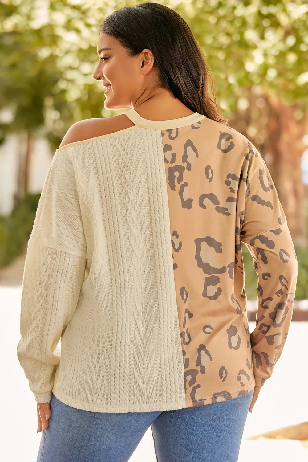 Plus Size Long Sleeve Leopard Color Block T-Shirt - Slightly Stretchy, Opaque Fabric, Casual Style
