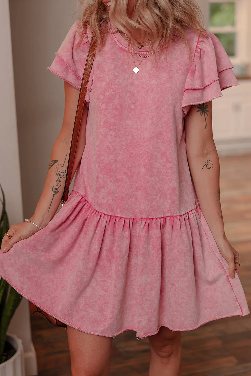 Slightly Stretchy Mineral Wash Ruffle Mini Dress - Raw Edge Design, 85% Cotton Blend