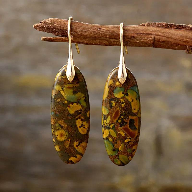 Elegant Natural Stone Copper Dangle Earrings with Unique Patterns | 14K Gold-Plated