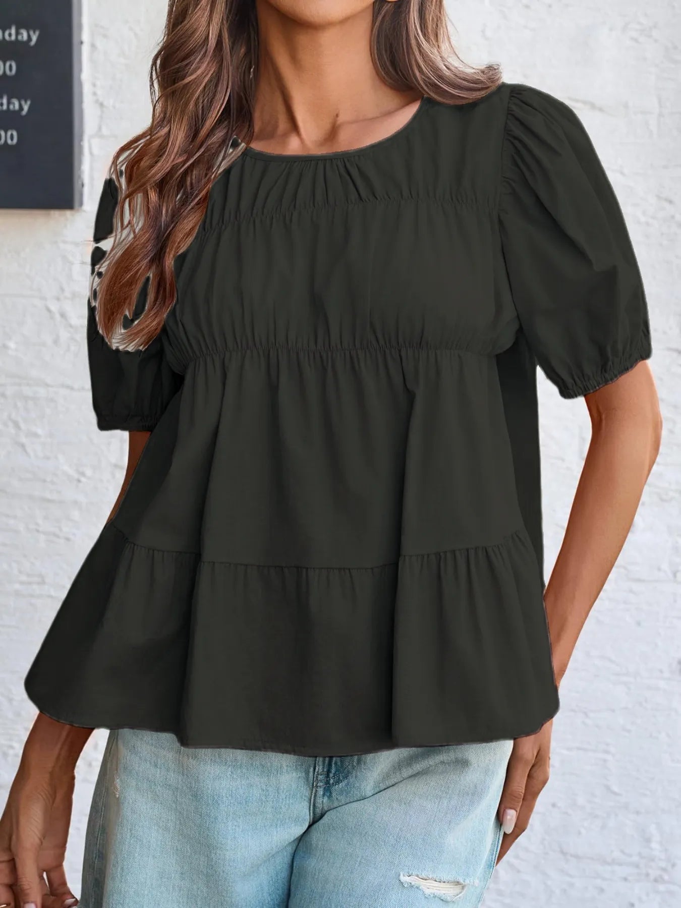 Round Neck Puff Sleeve Tiered Blouse