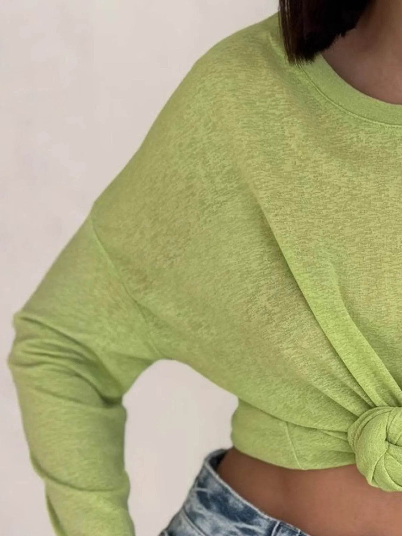 Slightly Stretchy Knotted Long Sleeve T-Shirt in Sheer 100% Polyester - Trendy Basic Style - Store 42