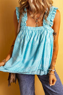 Printed Ruffled Wide Straps Tank Pastel Blue